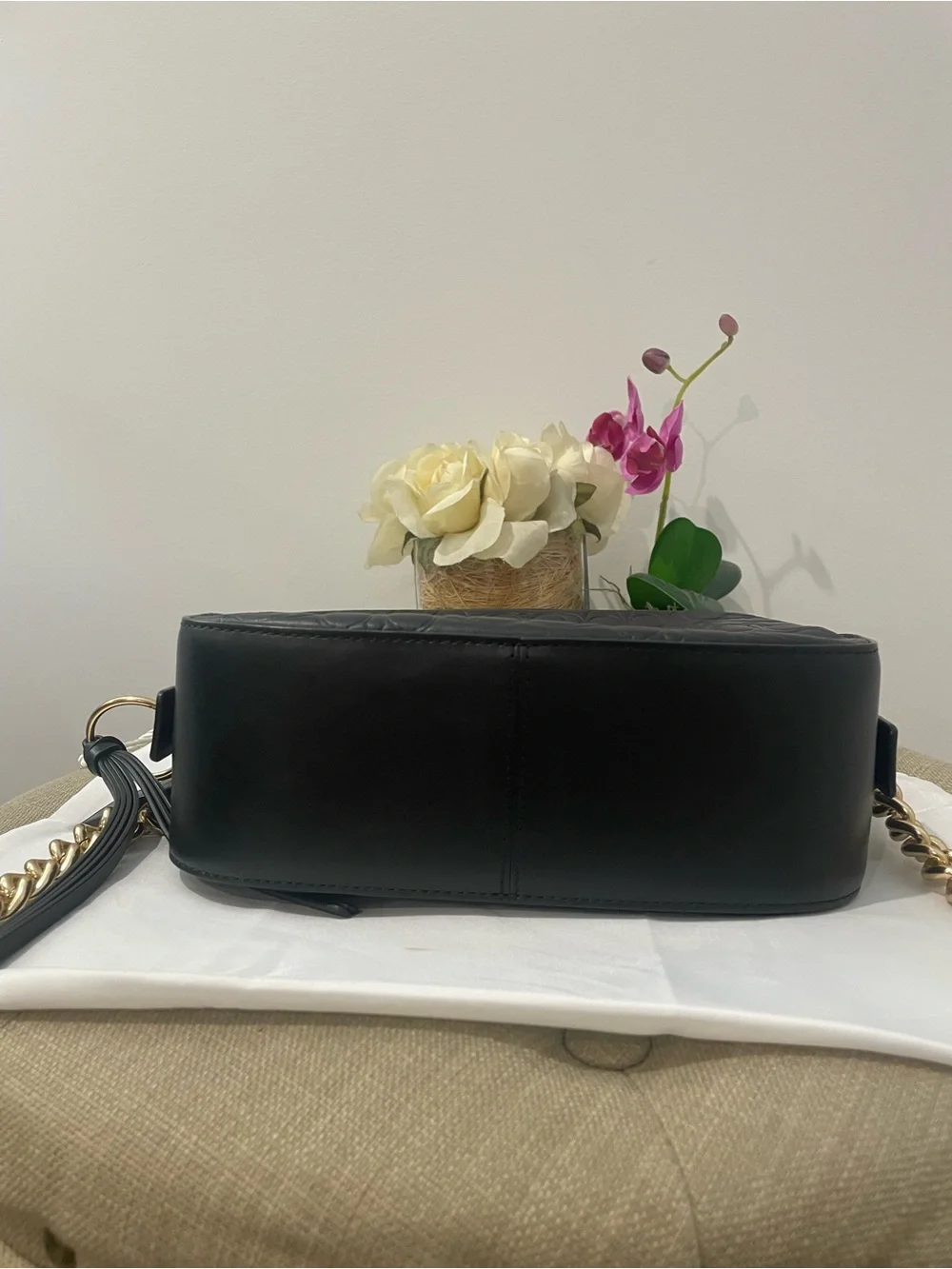 Coach Black Embossed Leather Camera Crossbody with Gold Chain